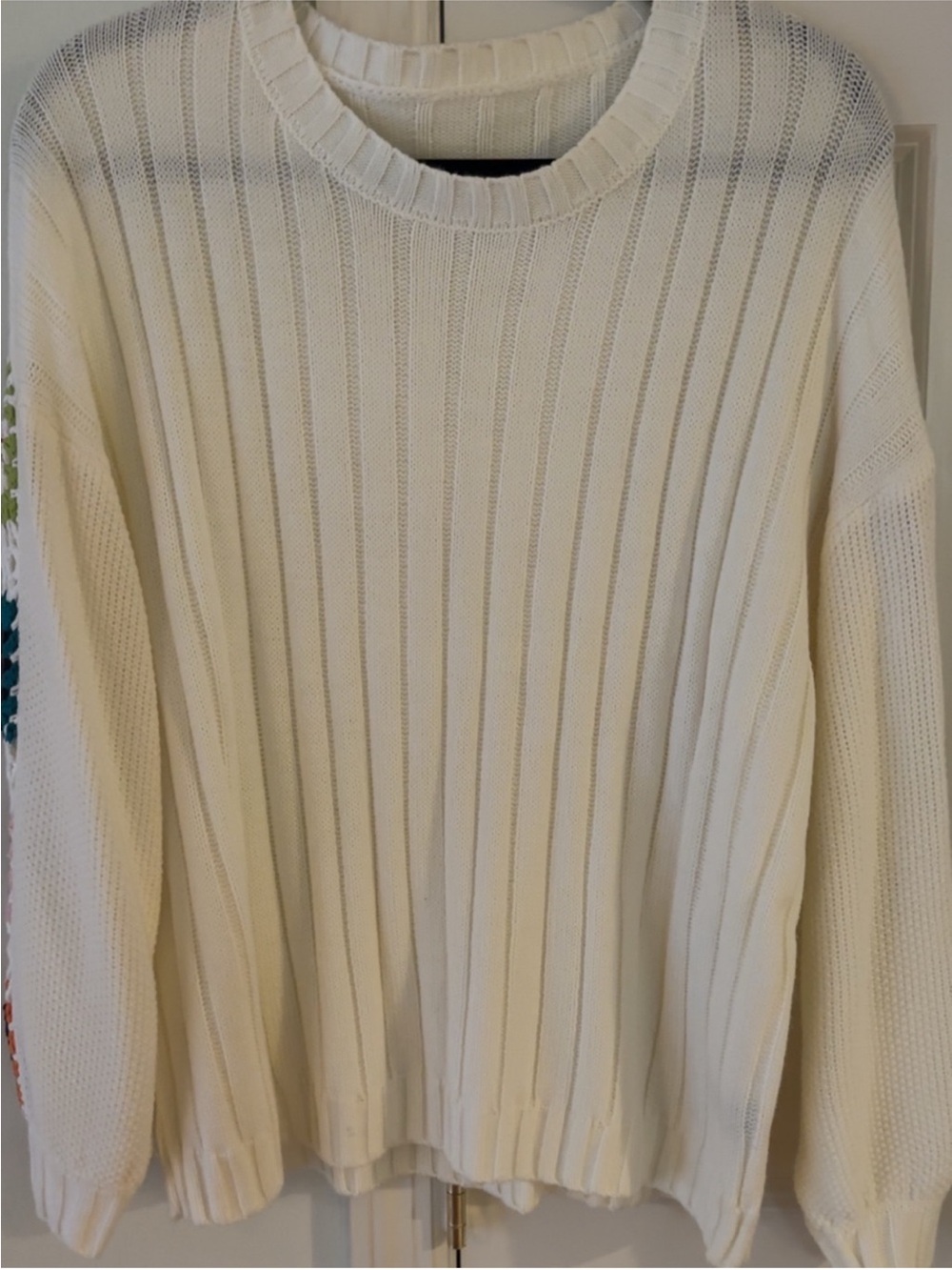 NWOT ~Cozy Ribbed Cream Sweater W/Crochet Patchwork Sleeves ~ Size XL